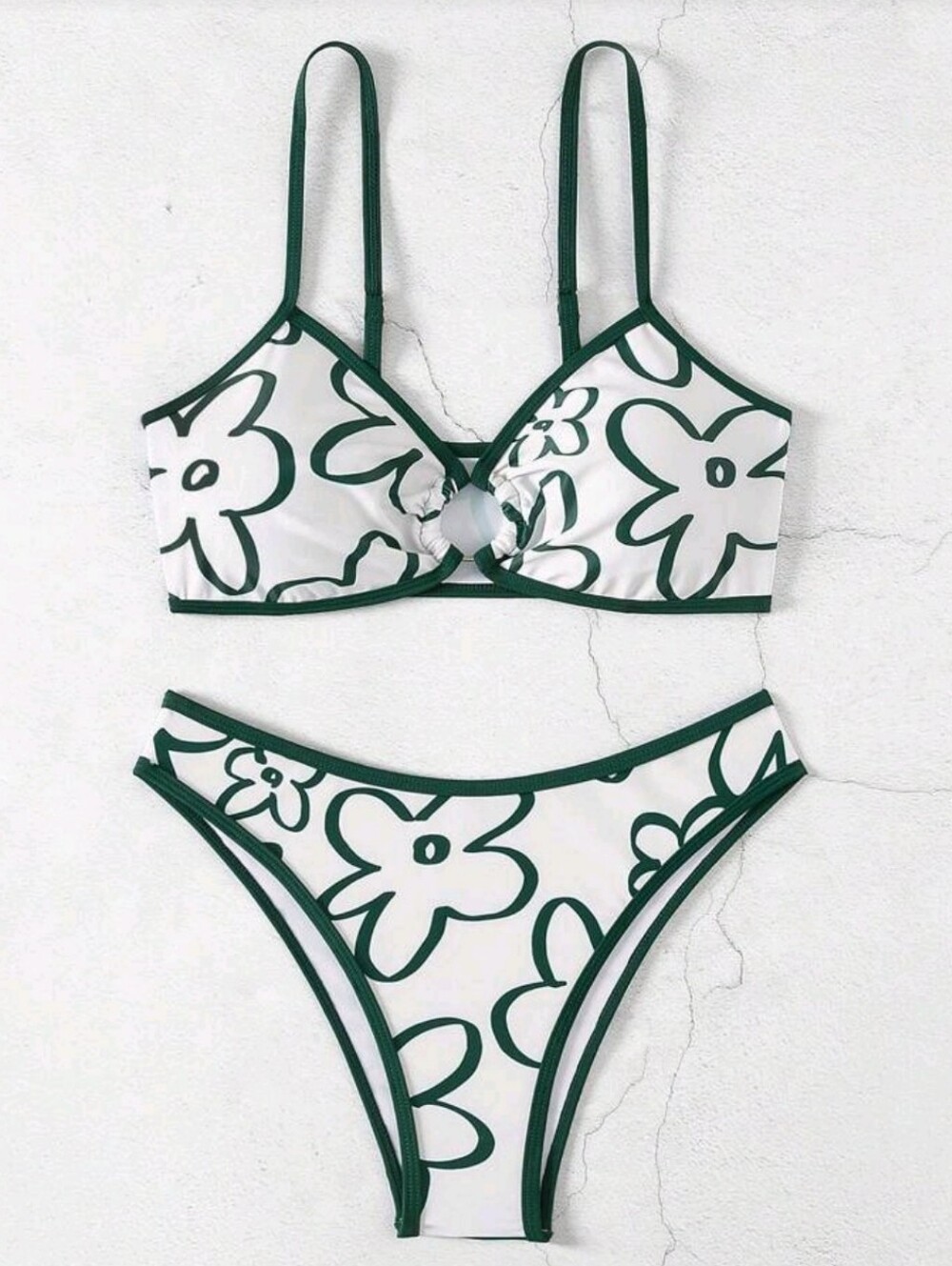 NWOT Swim Mod Floral Ring Connected 2 Piece Bikini Set, L (8-10), White & Green